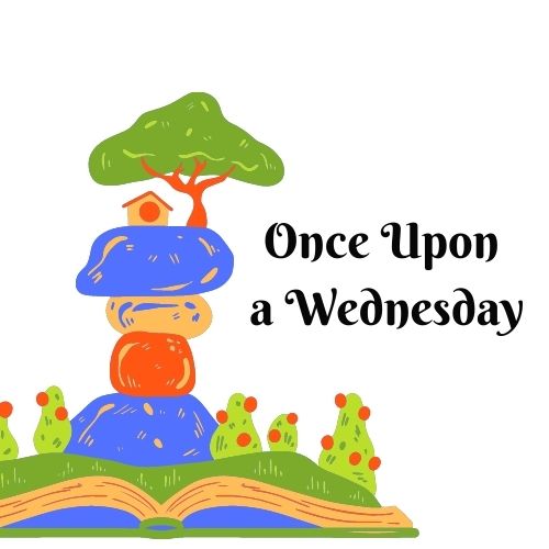 Logo with a mushroom tree sitting on an open book and the words "Once Upon a Wednesday"