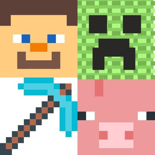 4 minecraft images, steve, a creeper, a pig and a diamond sword.